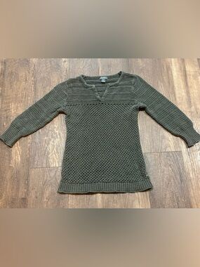 Eddie Bauer Olive Green Open-Weave V-Neck Sweater